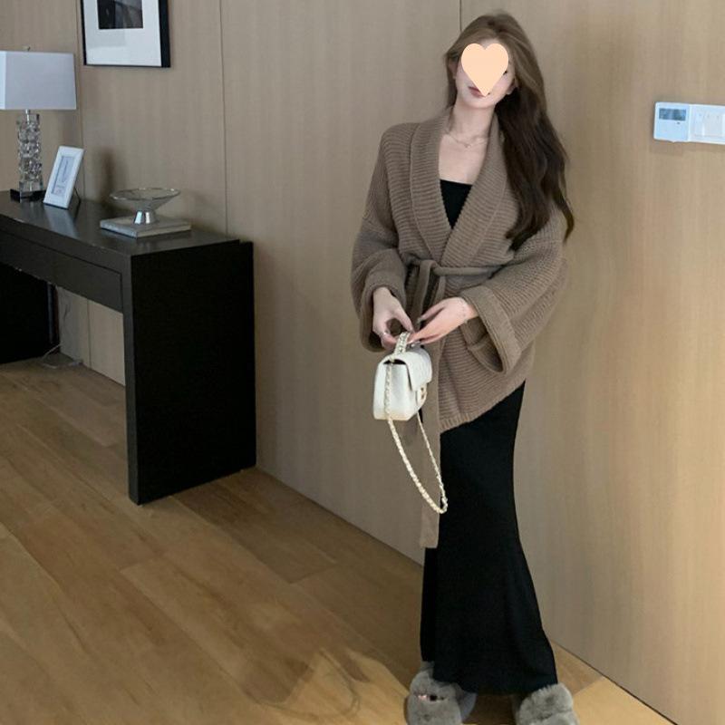 ニット セットアップ レディース 秋冬 韓国風 ニットカーディガン フィッシュテール ワンピース 2点セット 普段使い 通勤 オフィス 長袖 魚の尾 かわいい きれいめ エレガント