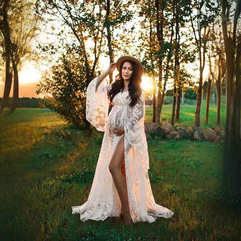 ワンピース レディース マタニティ ボヘミアン レース Vネック ハイウエスト ロングドレス 妊婦 妊娠 撮影 写真 ポリエステル 白色 超大?裙 气??雅