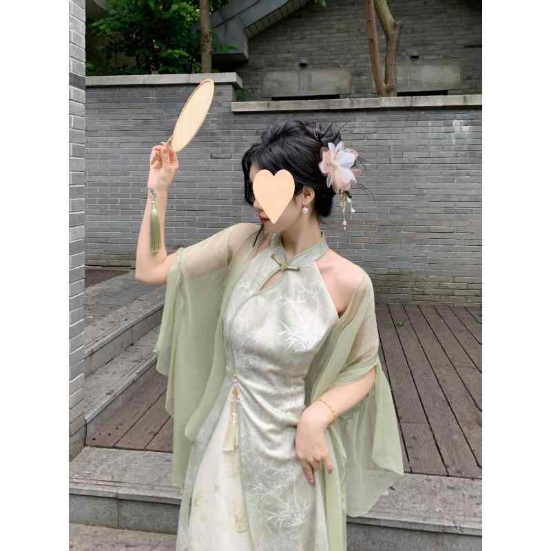 ワンピース レディース チャイナドレス カーディガン 2点セット 提花 切り替え プリント ノースリーブ ロング丈 普段使い 部屋着