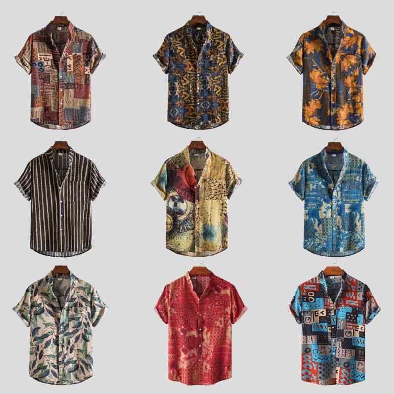 シャツ 男性用 半袖 コットン 花柄 襟付き カジュアル ゆったり カーキ M L XL 2XL 3XL