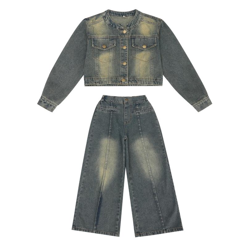 子供服 女の子 デニムセットアップ ジャケット パンツ 2点 上下セット 通学着 レッスン着 ガールズ デニム ジーパン ジージャン 春秋 かわいい