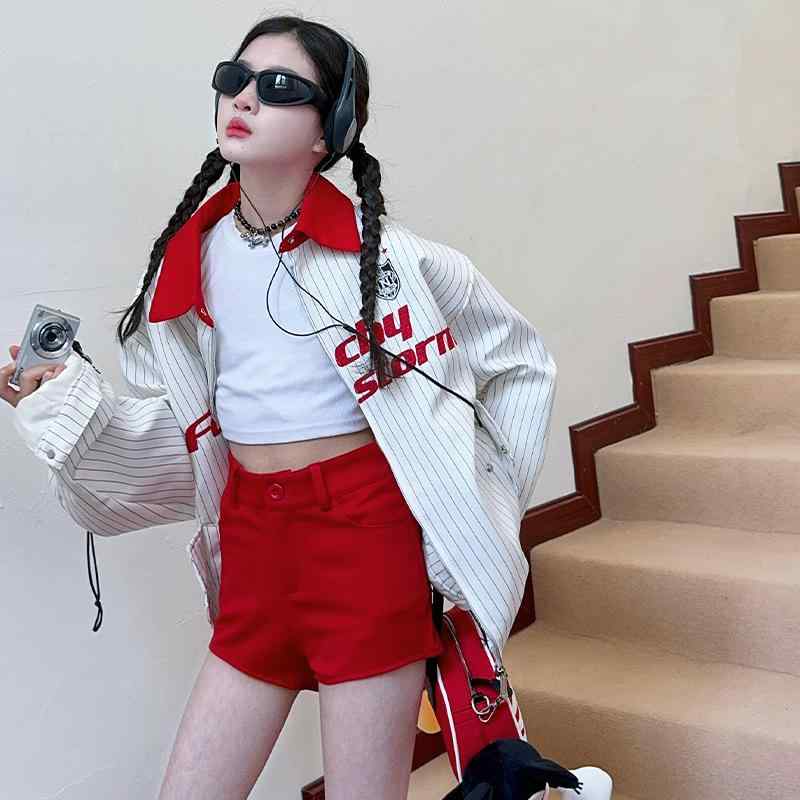 ジャケット キッズ 女の子 アウター 春秋 ブルゾン 子供服 大童 刺・墸 ストライプ ゆったり 翻襟 柔らかい デニム風 韓国風 カジュアル 普段使い