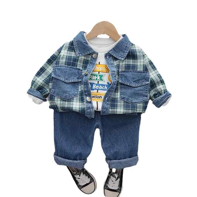 子供服 セットアップ 秋物 ベビー キッズ 男の子 格子柄 デニム ジャケット パンツ 上下セット 3点セット 長袖 襟付き かわいい 普段着 部屋着