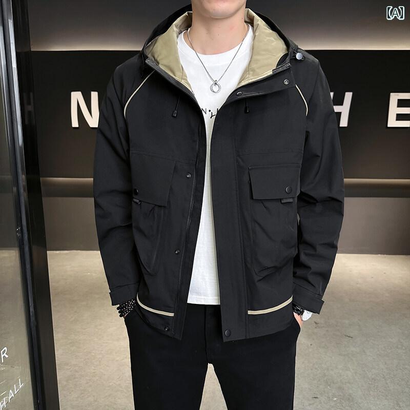 ジャケット メンズ 男性用 ブルゾン 春秋 合体 青年 ファッション カジュアル スタイル 耐摩耗 撥水 フード付き ポリエステル 黒 ブラック カーキ 緑 ダークレッド M L XL 2XL 3XL 4XL 5XL