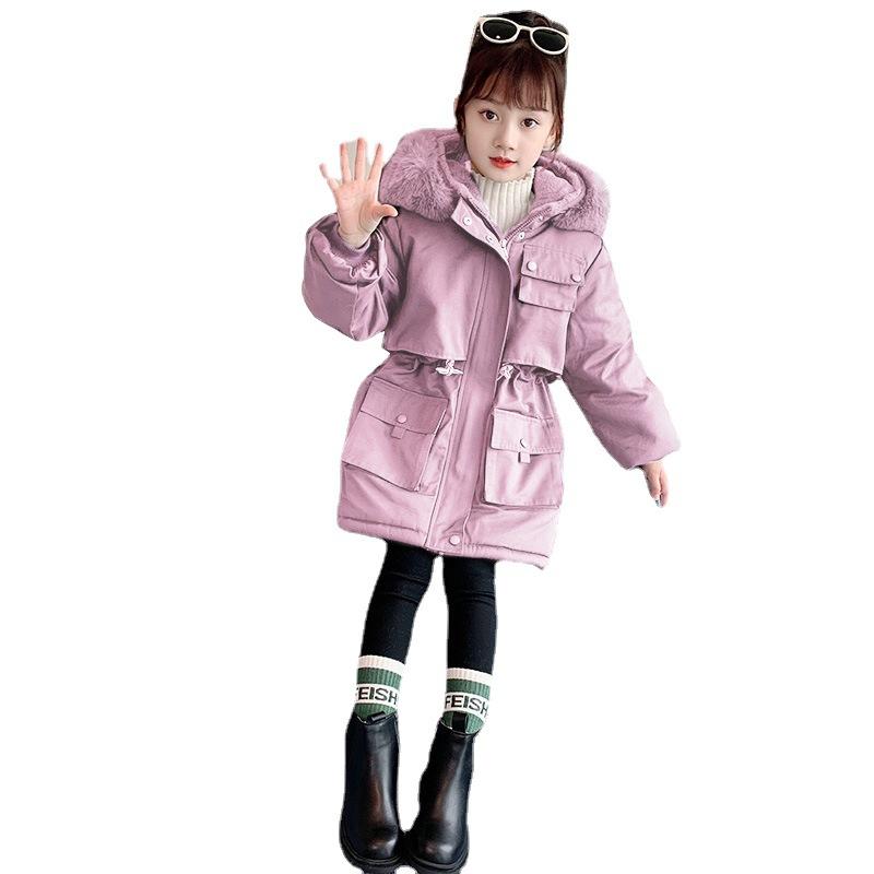 赤ちゃん服 御姉さん 裏起毛 ボンネット付き添い人 中綿 厚地の外套 防寒 ガールズ アウター 前掛け ロング丈 朦々たる 愛くるしげ 冬 サクラ色 薄墨色 120 130 140 150 160
