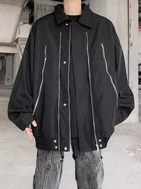 ジャケット 男性用 ブルゾン 春秋 アウター 高街 カジュアル 翻襟 襟付き 長袖 ポリエステル 黒 ブラック カーキ ゆったり