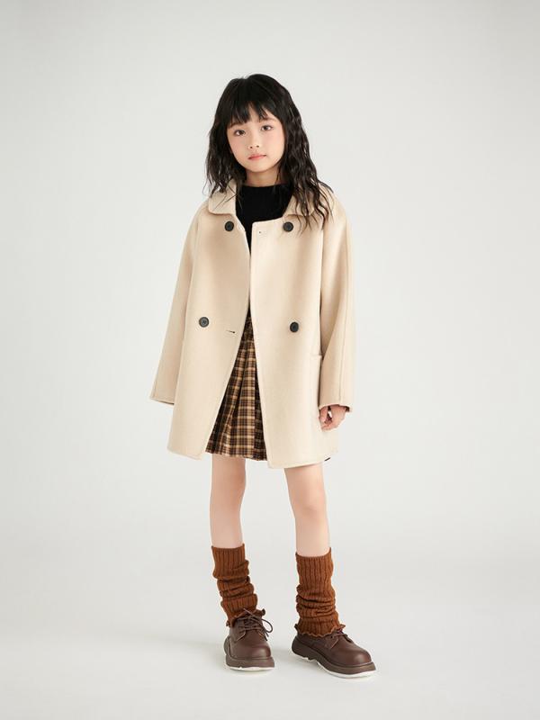 子供服 アウター 女の子 ウール コート 秋冬 キッズ 両面ウール 100% ウール ミドル丈 カジュアル ベージュ イエローキャメル フランスレッド ブラック 100cm 110cm 120cm 130cm 140cm 150cm 160cm｜Tanzan
