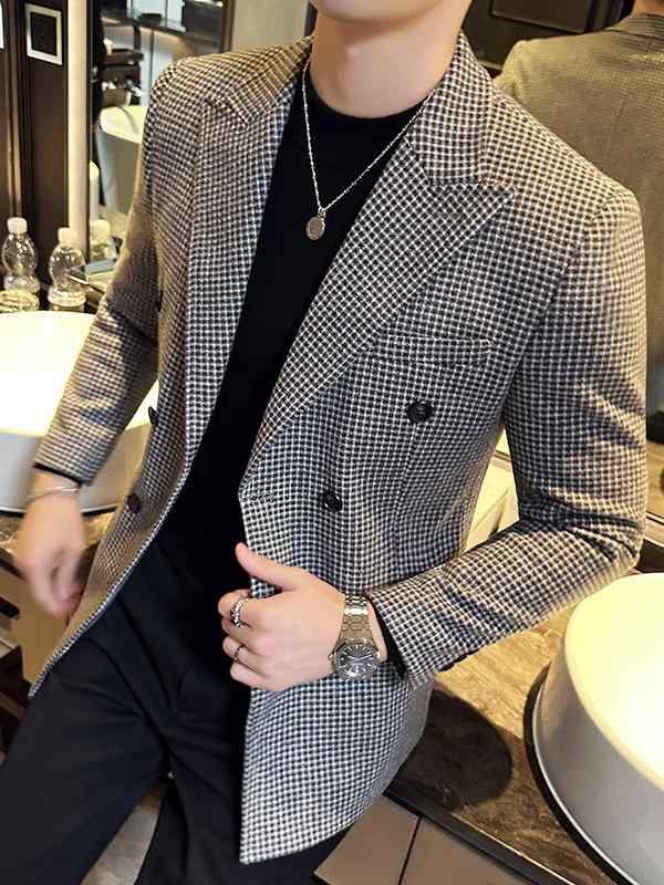スーツ メンズ 男性用 秋冬 千鳥格子柄 厚手 ウールブレンド スリムフィット ダブルブレスト ビジネス 普段使い ジャケット ブレザー 黒 ブラック コーヒー色 茶色 M L XL XXL 3XL|Tanzan
