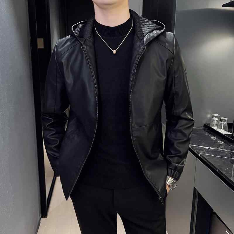 ジャケット 男性用 フェイクレザー ブルゾン 裏起毛 スタンドカラー 防風 ゆったり ブラック