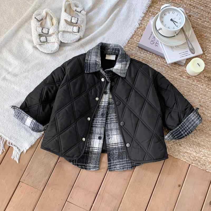 子供服 ボーイズ ダウンジャケット風 中綿入り コート 冬服 アウター 90cm 100cm 110cm 120cm 130cm 140cm 150cm チェック柄 ブラック あったか 防寒着