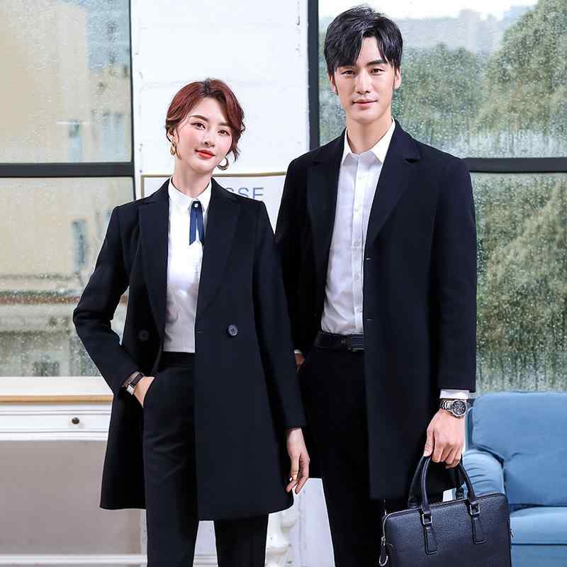 コート 秋冬 レディース 韓国風 男女兼用 ビジネス オフィス 仕事着 ミドル丈 ウール ポリエステル ブラック 黒