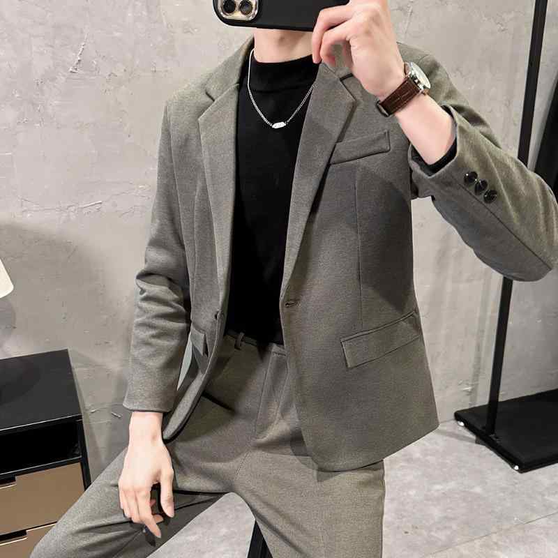 スーツ メンズ 男性用 毛織 ウール テーラードジャケット ブレザー 秋冬 合体型 厚手 無地 黒 ブラック グレー ブラウン 韓国風