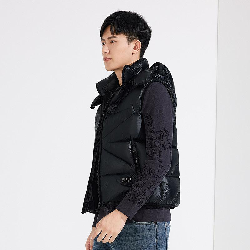 ダウンベスト メンズ 男性用 フード付き ライトアウター 防寒着 秋冬 黒 コーデュロイ 90% ダウン|Tanzan