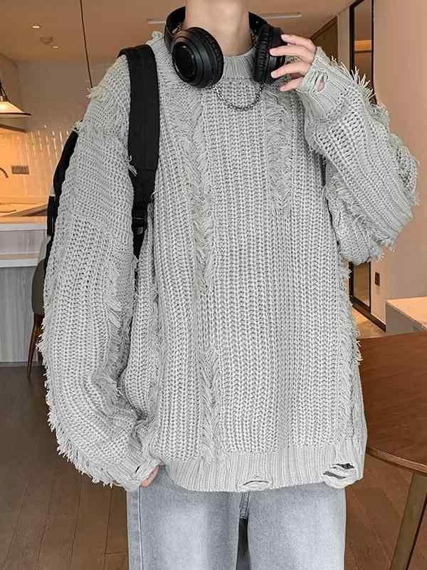 ニット メンズ ニットセーター プルオーバー 韓国風 レトロ ダメージ加工 ルーズフィット リブ裾 コットン ポリエステル混紡 黒 グレー M L XL 2XL 秋