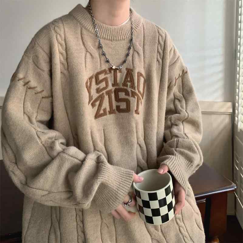 ニット メンズ 高級感 秋冬物 厚手 アウター アメカジ 重ね着風 レトロ オーバーサイズ ドロップショルダー 洗濯機洗い可能 ポリエステル ホワイト ブラック カーキ