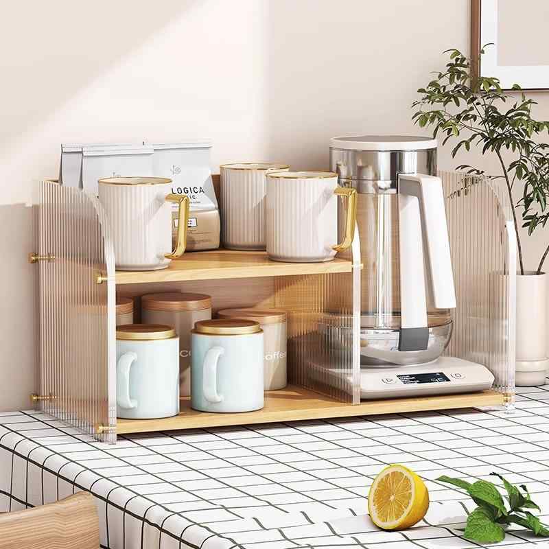卓上収納 木板 アクリル製 ラック 4段 コップ グラス カップ 水筒 ティーセット 食器棚 キッチン収納 リビング収納