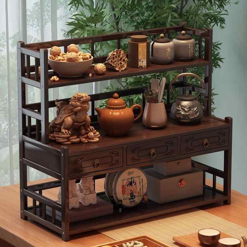 収納家具 茶器棚 新中式 竹製 茶道具 飾りつけ棚 卓上 茶碗 見せびらかす棚 紫砂壺 見せびらかす棚 梯形 二段 三段 四段 抽き出し付き添い人