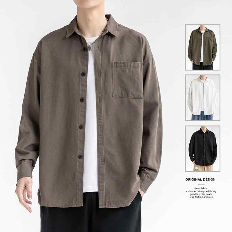 シャツ メンズ 男性用 トップス 長袖 コットン100％ 春秋 ウォッシュ加工 ゆったりシルエット 無地 ブラック ホワイト コーヒー カーキ 日常