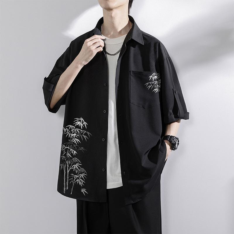 シャツ 男性用 半袖 ポリエステル 開襟シャツ 印柄 薄手 ルーズフィット トップス カジュアル 春夏