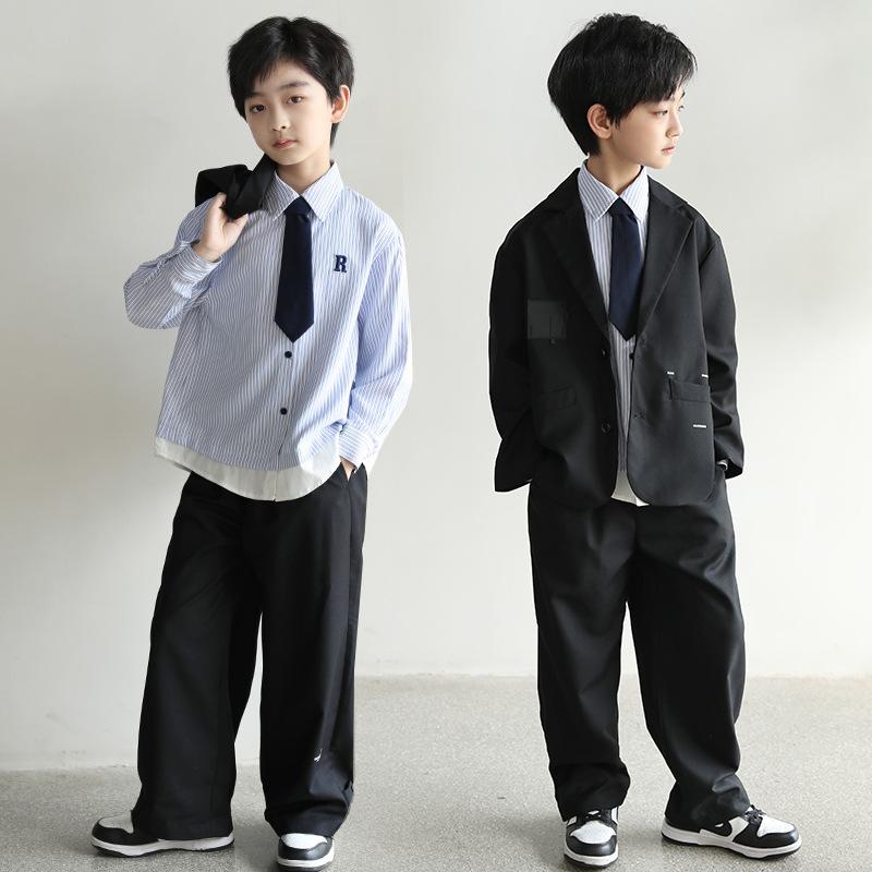 赤ちゃん用背広 フォーマル お坊っちゃん 縞模様柄 長袖プルオーバー ロングズボン下 2点仕掛ける 年月物 ボーイズ 8歳以上 綿織物 120糎 130糎 140糎 150糎 160糎 170糎 180糎