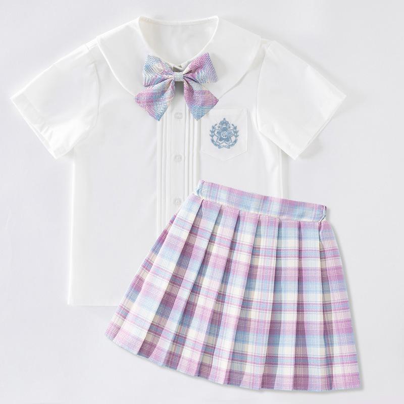 制服 子供 女子 女の子 シャツ プリーツスカート セットアップ 小学生 スクール 制服セット 半袖 薄手 綿 格子柄 かわいい スクールガール風 学院風 120cm 130cm 140cm 150cm 160cm 170cm
