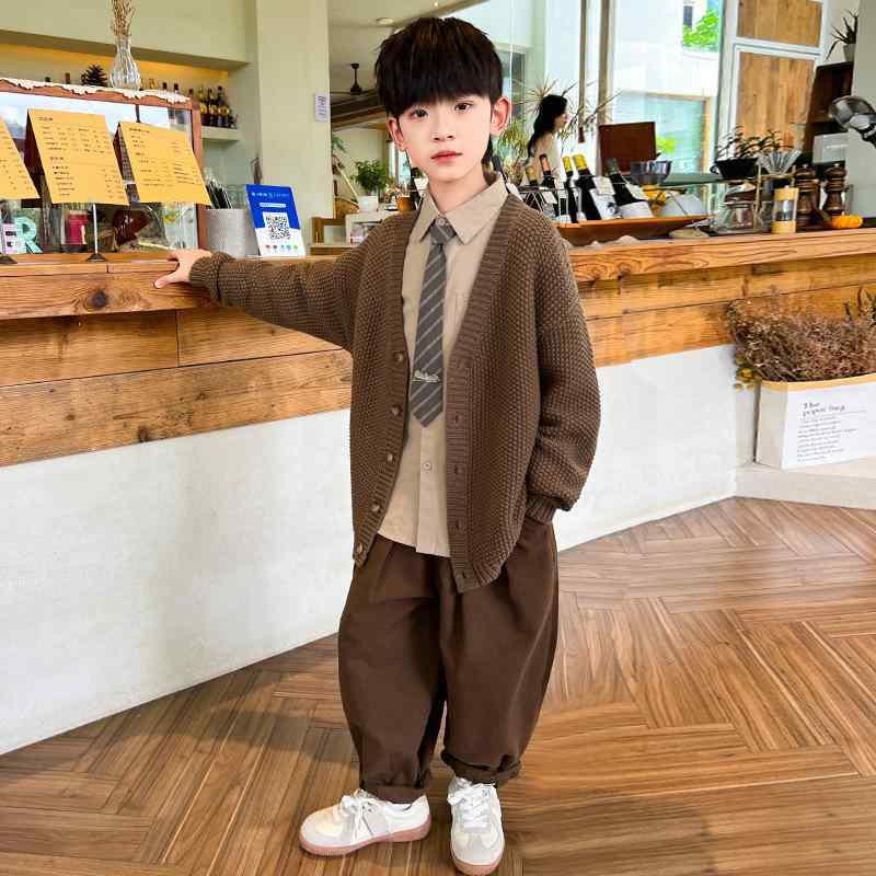 キッズ 編み物 ジレー セットアップ 長袖 プルオーバー ズボン 3点書き割り お坊っちゃん ボーイズ ちびっ子 中学生 角帽 歳月 無地