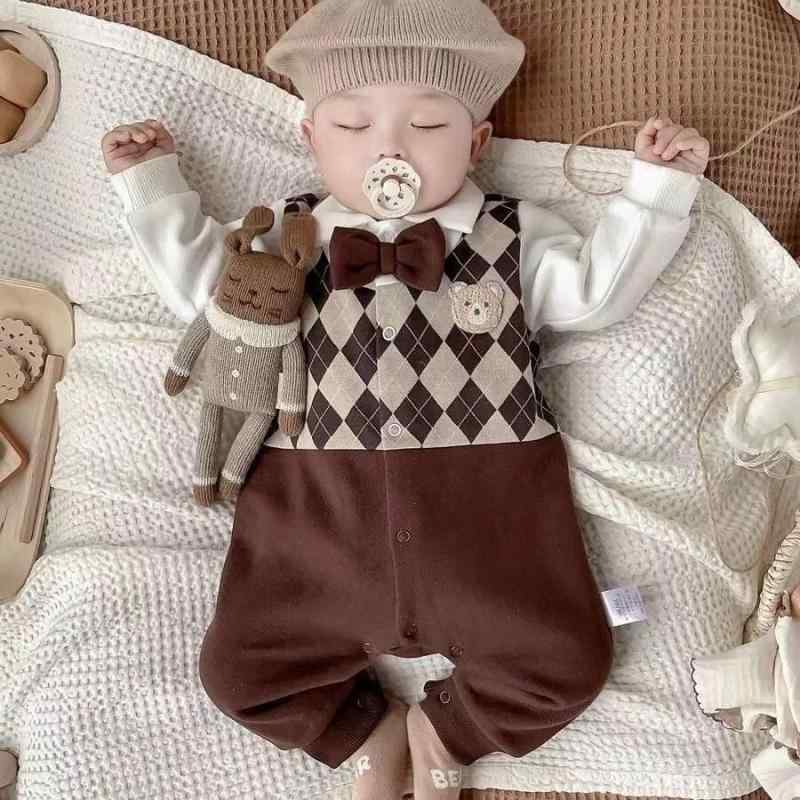 ベビー服 ロンパース 男の子 新生児 かわいい カバーオール 春秋 長袖 綿 学院風 おしゃれ お出かけ 60 70 80