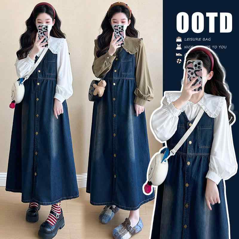 マタニティワンピース 秋冬 長袖 ジーンズスコート セットアップ 気が大きい大きさ ゆったり 含ませる服 綿織物 衣嚢