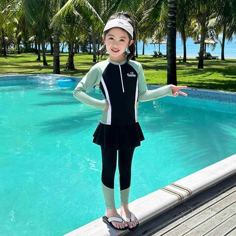 水着 キッズ 女の子 長袖 長ズボン セパレート 子供 ジュニア 中学生 スイムウェア セット グリーン ピンク系 伸縮性 吸湿速乾