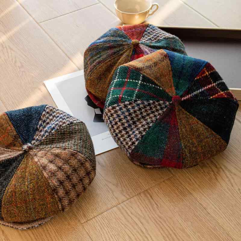 鳥打ち帽 秋冬 ベレー帽 八角茴香帽 フィッシャーマンハット 羊毛 かぶり笠 照合のしるし柄 連合王国風 レトロ 保温 防寒
