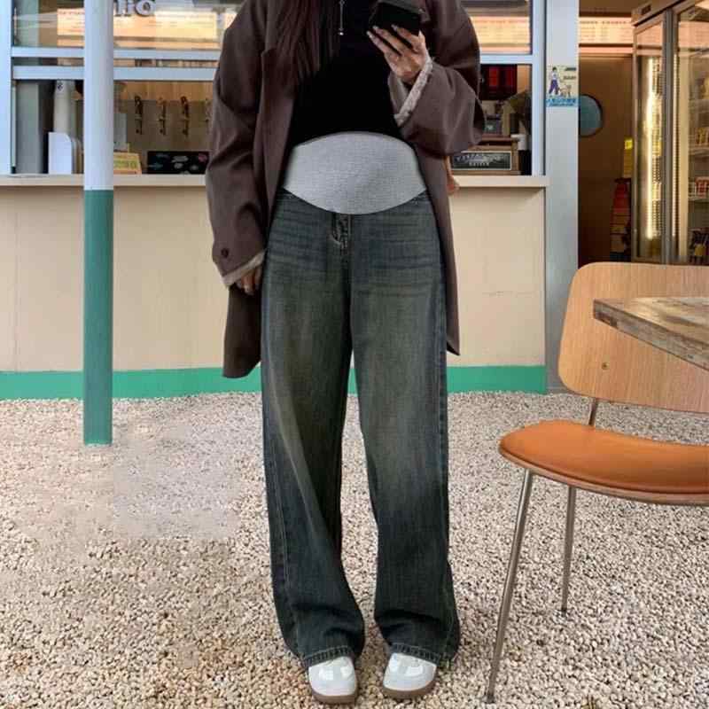 マタニティ デニム パンツ 春秋 妊婦服 ワイドレッグ ズボン 小柄 ゆったり ・尽地パンツ 体型カバー 水色 綿 混紡 伸縮性