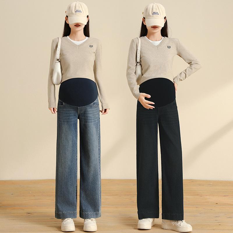 マタニティ デニムパンツ 秋冬 裏起毛 妊婦 ズボン ゆったり ストレート ワイドレッグ 産前産後 調整可能 腹部サポート 快適 伸縮性 厚手 あったか レトロブルー ブラック系