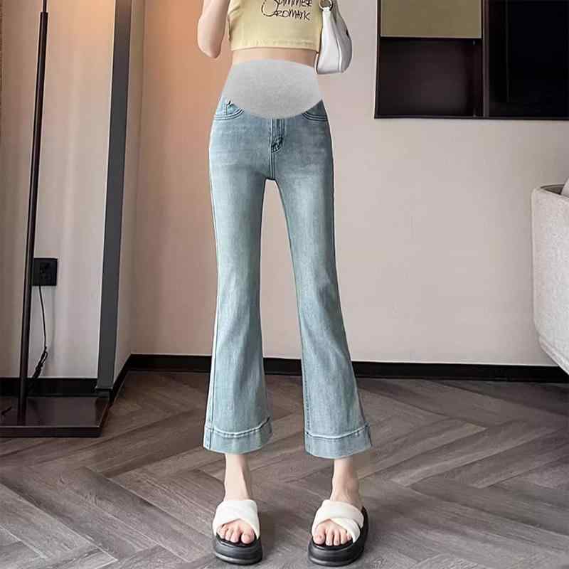 マタニティ デニム パンツ 春夏 薄手 ストレッチ フレア クロップド 妊婦 ジーパン ズボン ボトムス 快適 伸縮性 9分丈 スリム カジュアル