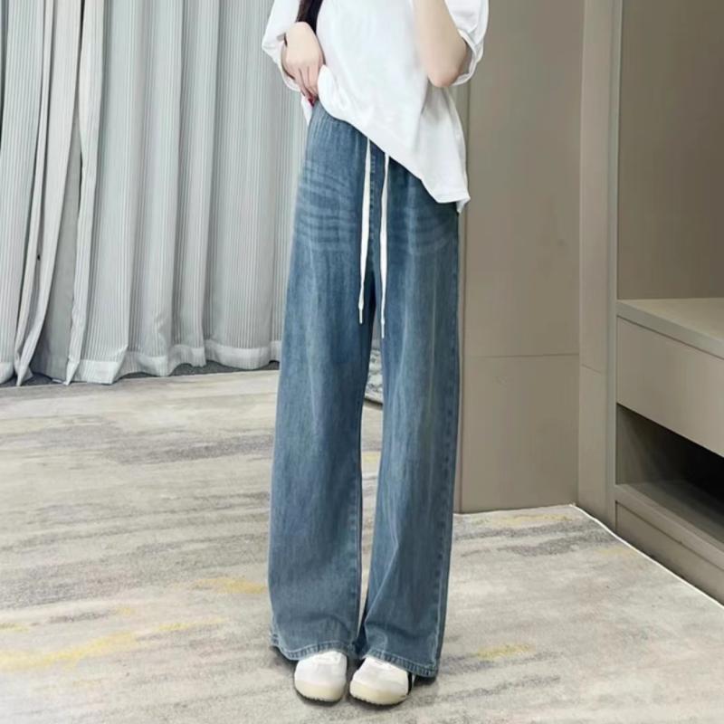 マタニティ デニム パンツ 妊婦服 春秋 ズボン ドローストリング ワイドレッグ ストレート 伸縮性 托腹 綿70% 長ズボン 九分丈 調整可能 ライトブルー レトロブルー