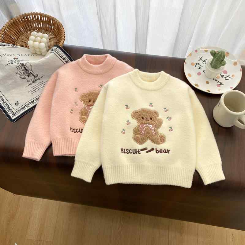 ニット セーター ガールズ 子供服 秋冬 厚手 ミンク カシミア風 暖かい プルオーバー トップス オフホワイト ピンク かわいい カジュアル 長袖 普段着 通園 通学