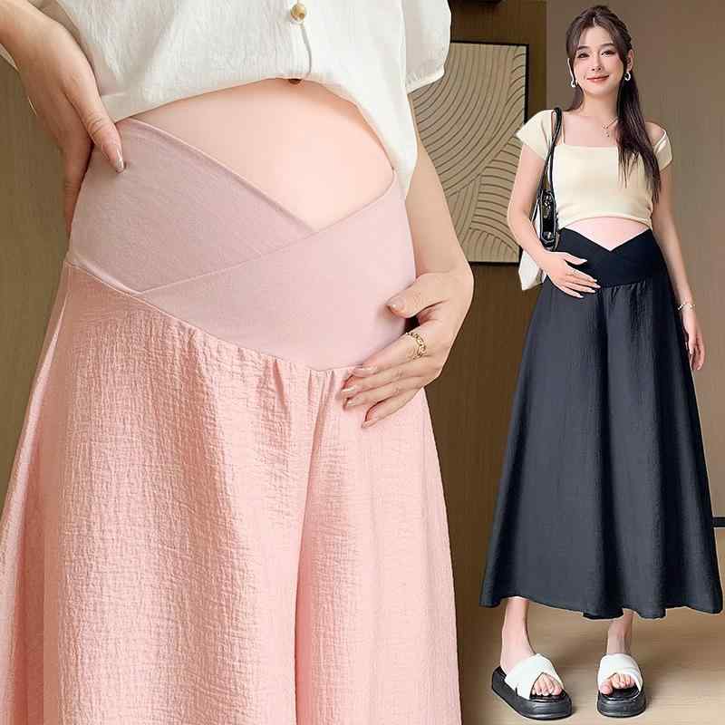 マタニティパンツ レディース 春夏 妊婦服 涼しい 接触冷感 ローライズ ワイドレッグパンツ 薄手 伸縮性 ポリエステル ブラック ホワイト ピンク系