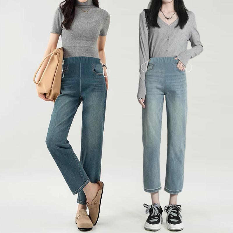 マタニティ デニム パンツ 春夏 9分丈 妊婦 ズボン ドローストリング ストレート テーパード ワイドレッグ 運動着 コットン 伸縮性 懐旧浅ブルー 復古ブルー ブラック