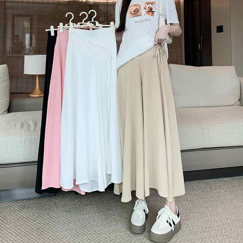 マタニティ パンツ キュロット 春夏 ローライズ リボン ゆったり シフォン 9分丈 山本風 ワイド ブラック ホワイト ピンク系 ベージュ