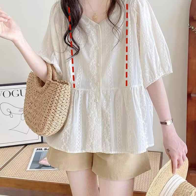 マタニティウェア 春夏 半袖 Vネック シャツ 授乳服 トップス ワイドレッグ パンツ セットアップ 綿 カジュアル 部屋着 普段使い 韓国風 杏色