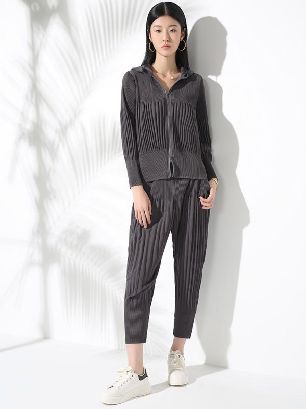 セットアップ レディース 婦人服 長袖パーカー ジップアップ ジャケット ハイウエスト 9分丈パンツ 上下セット 無地 シワ加工 伸縮性 ダークグレー ブルー ブラック ブラウン ワインレッド ポリエステル リラックス 普段使い 通勤|Tanzan