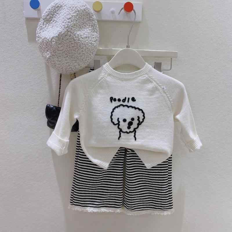 子供服 ニット セットアップ 女の子 ベビー カートーン 犬 セーター 長袖 プルオーバー ボーダー ニットパンツ 2点セット 幼児 普段着