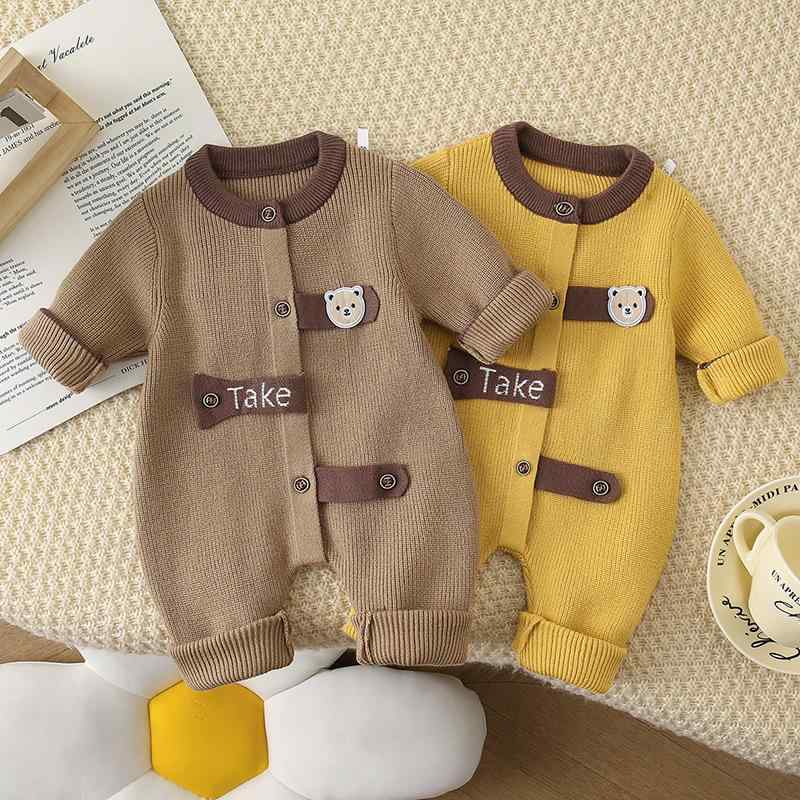 ベビー ニット ロンパース 男の子 長袖 ジャンプスーツ 幼児 服 再生繊維混紡 春秋 イエロー コーヒー 66cm 73cm 80cm 90cm