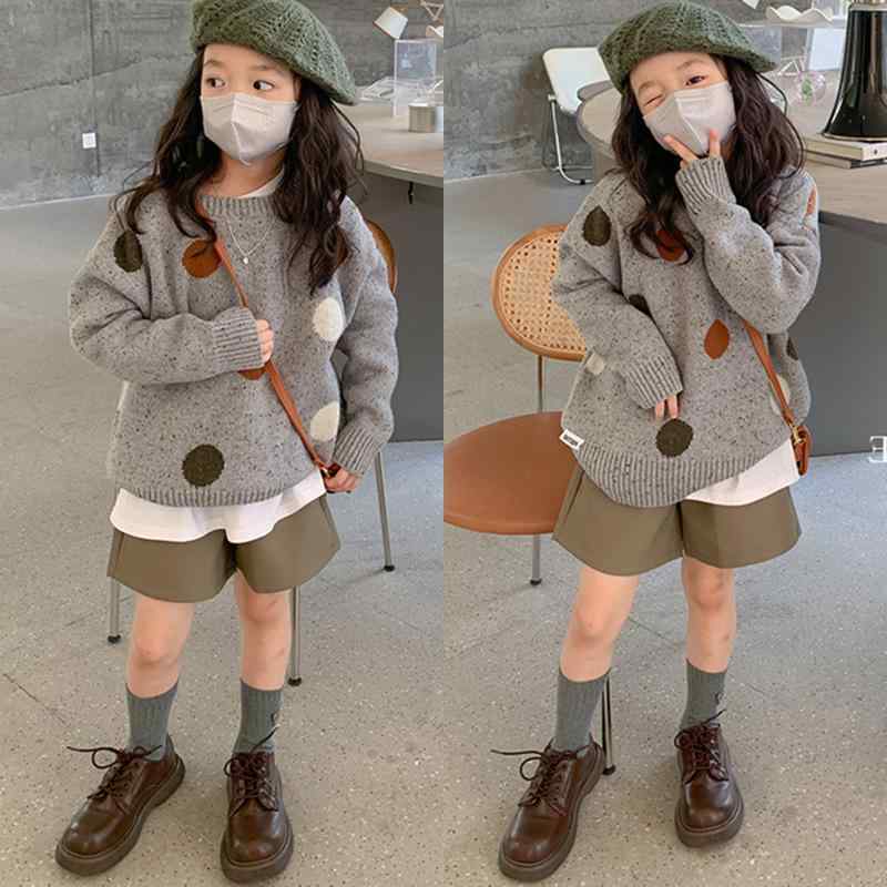 ニット 子供服 女の子 配色 ラウンドネック セーター 秋冬 長袖 トップス 普段使い かわいい ガーリー ゆったり 伸縮性 あったか グレー