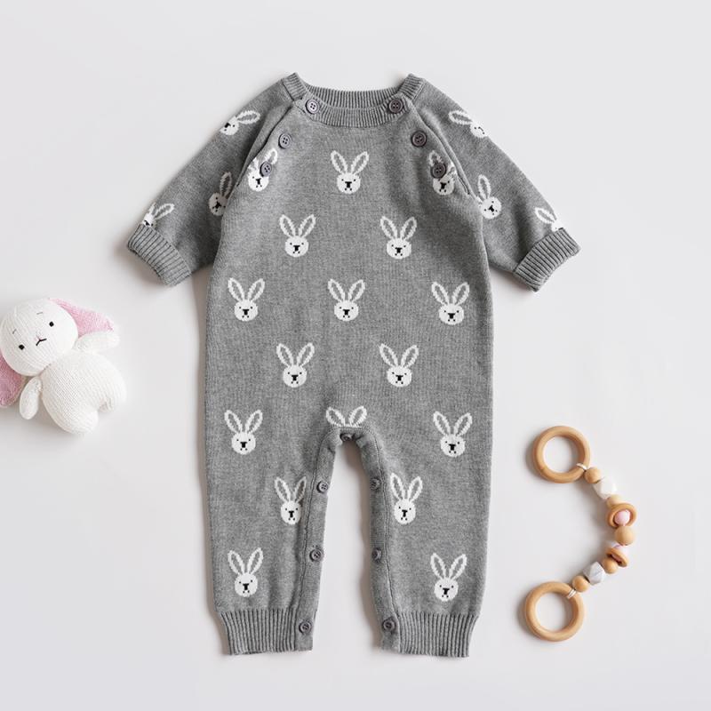 ベビー服 ニット ロンパース かわいい ウサギ 長袖 コットン 春秋 冬 新生児 グレー 66 73 80 90
