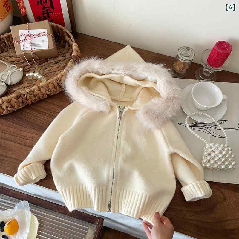 ニット カーディガン キッズ 女の子 秋冬 厚手 フード付き 大判ファー 襟 あったか かわいい 長袖 アウター トップス 子供服 ベビー服 赤 ピンク系