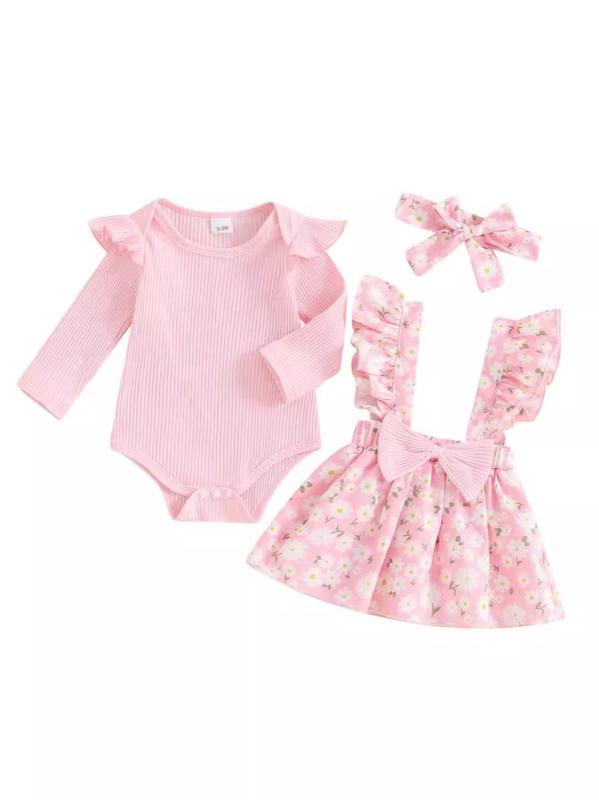 ベビー服 女の子 3点セット ハーネス ロンパース 花柄 ワンピース チュニック スカート付き かわいい 接触冷感 伸縮性 通気性 お出かけ 普段使い ギフト