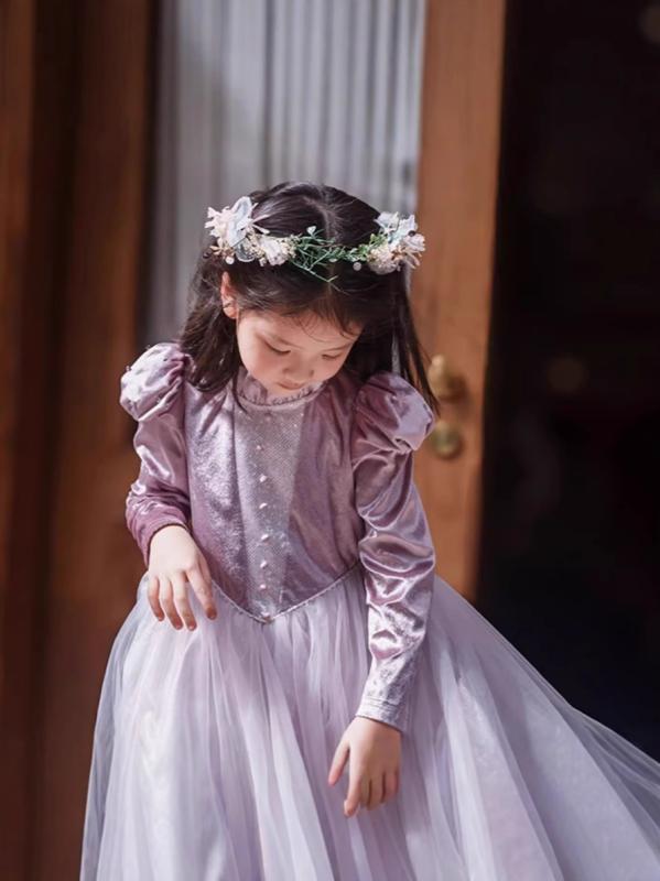 子供用ドレス 女の子 古風 ラプンツェル風 プリンセスドレス 長袖 チュール 春秋 ピンク系 パープル 礼服 発表会 結婚式 パーティー 100cm 110cm 120cm 130cm 140cm 150cm