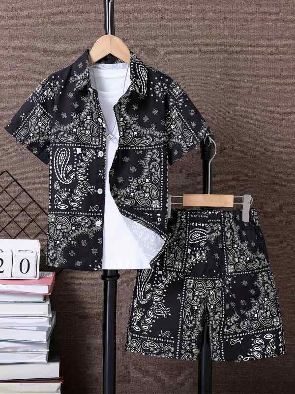 シャツ キッズ 男性用 半袖シャツ 短パン 上下セット 薄手 120cm 130cm 140cm 150cm 160cm ポリエステル カジュアル 開襟シャツ