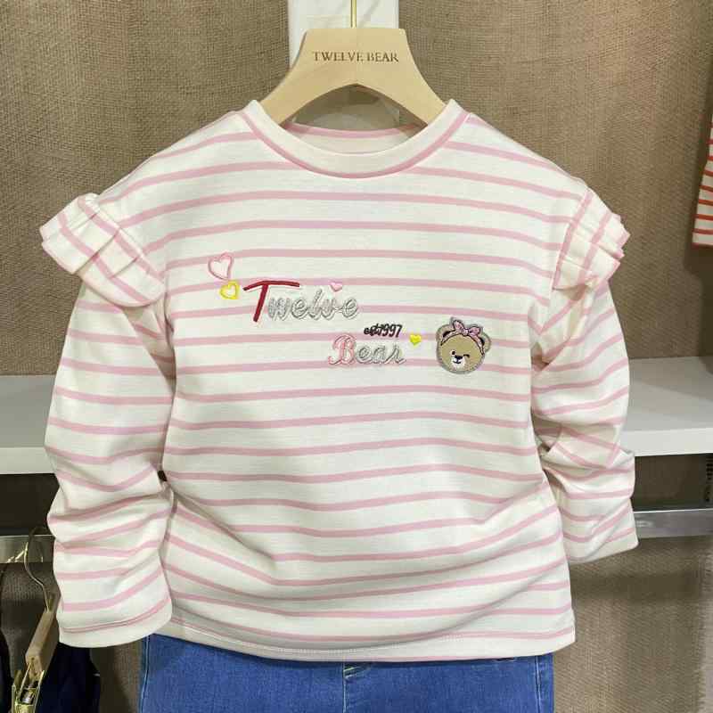 子供服 女の子 Tシャツ カットソー 長袖 春秋 ストライプ コットン トップス 伸縮性 かわいい カジュアル ガールズ 普段着
