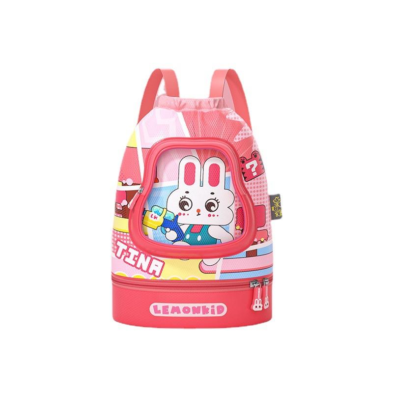 Kids' Swimming Bag, Children's Swimming Gear, Wet & Dry Separation, Laundry Supplies Storage Bag, Drawstring Bag, Beach Bag, Large Capacity, Coral, Apricot, Pink, Rabbit, Ibiza Blue, Dinosaur
